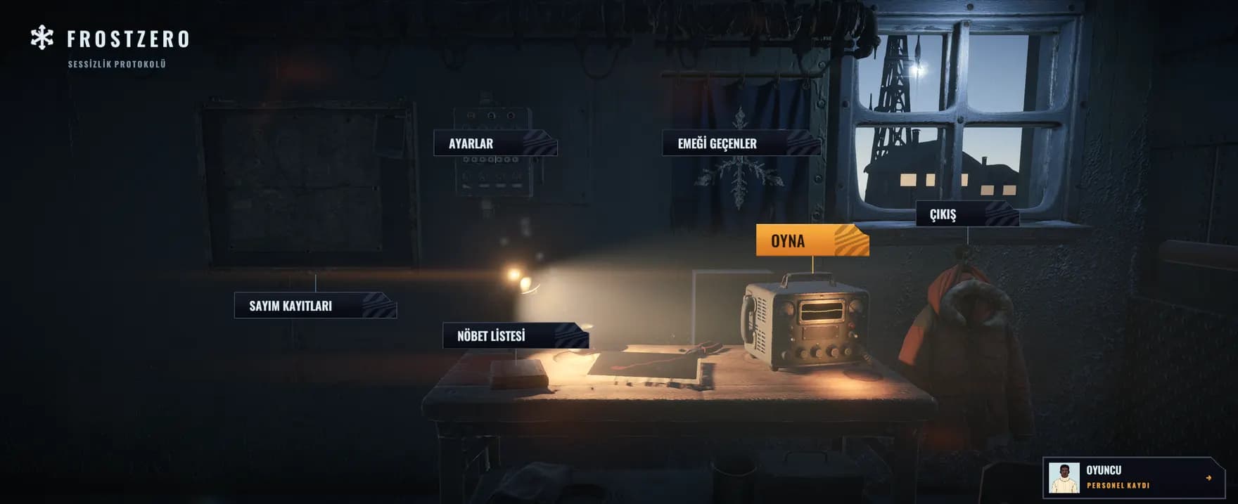 FrostZero main menu: menu labels around a radio set in a dimly lit station room.