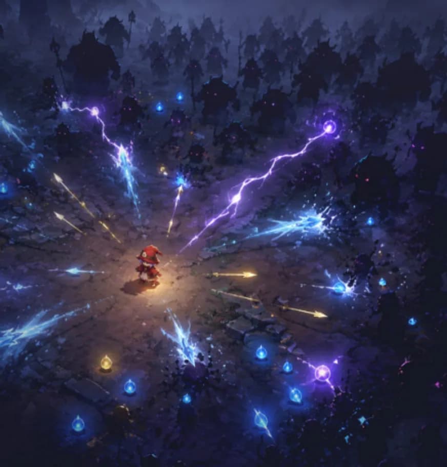 ProjectWitch concept art: spell trails radiating outward from a small witch at the centre of a dark arena.
