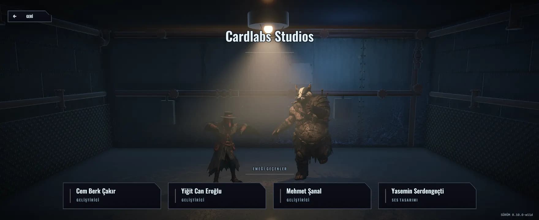 The FrostZero in game credits screen showing the Cardlabs Studios heading and the team names.
